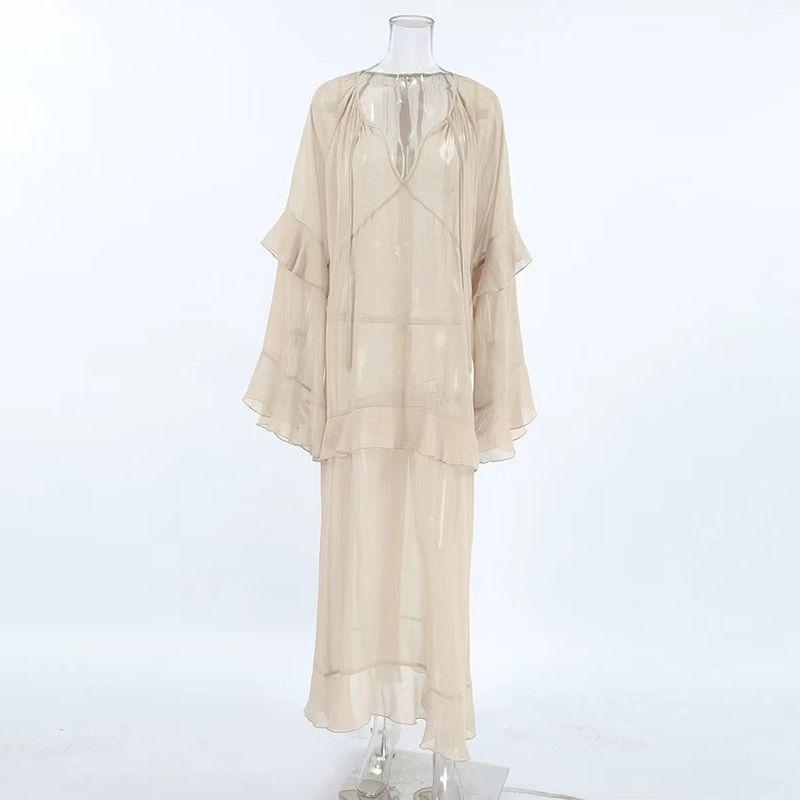 

Western Style Sexy Perspective Mesh Dress Sunscreen Cover up Long dress Perspective Mesh Dress Khaki M