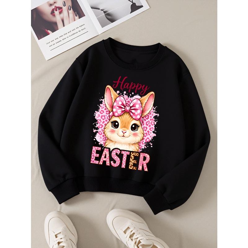 Kids Sweatshirt , Casual Sweatshirt Printed Round Neck Pullover, Happy Easter Bunny Pink Bow, Autumn and Winter