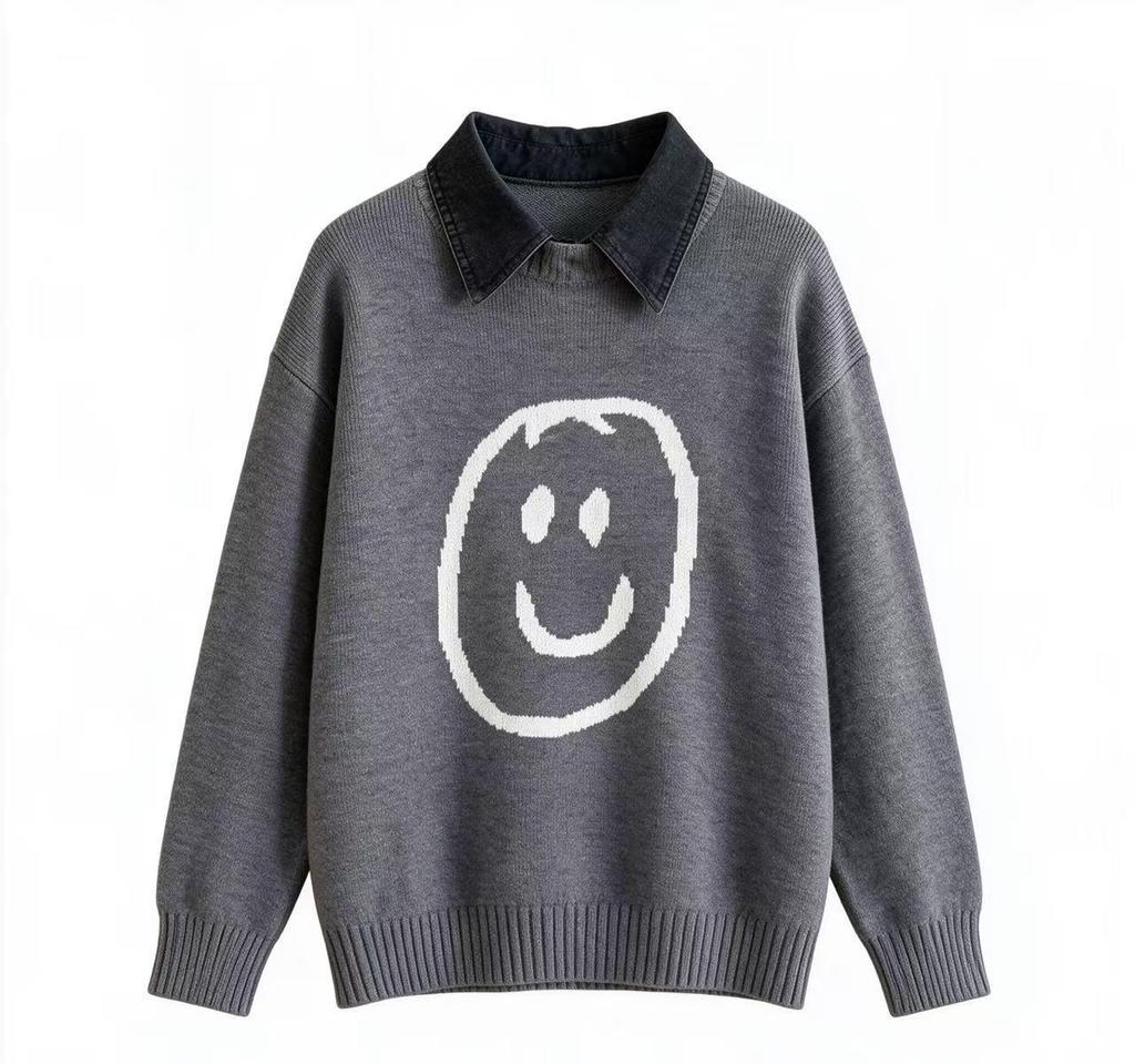 2026 Autumn/Winter Korean Style Smiley Face Sweater - Age-Reducing Cute Casual Versatile Pullover Knit Top