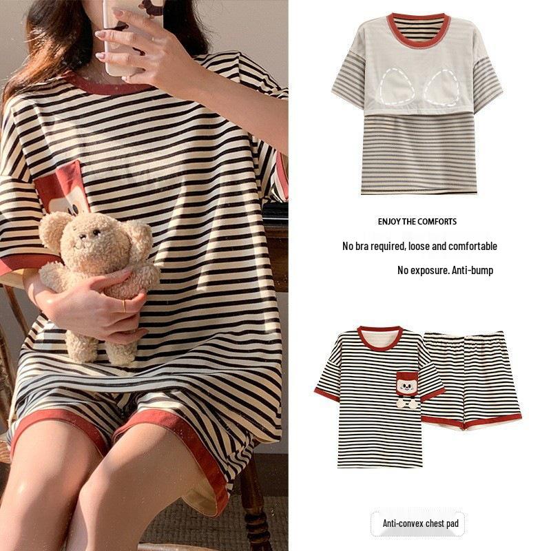 2025 Women's Short-Sleeved Summer Pajamas with Chest Pads - Cute Cartoon Style