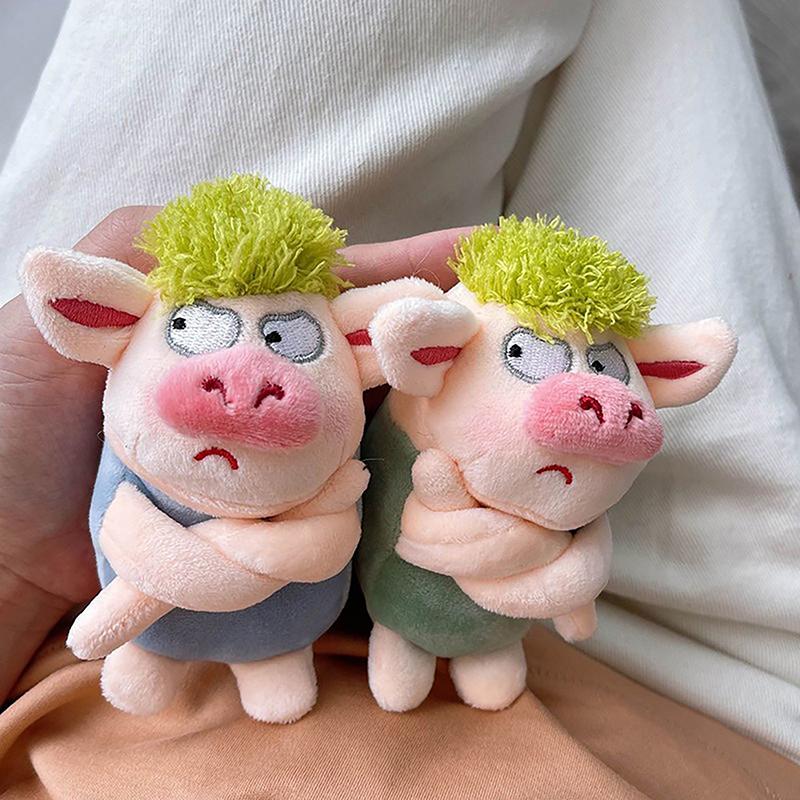 Adorable Animal Keychain Funny Green Hair Plush Animals Angry Pig Doll Pendant Car Backpack Decoration Soft Stuffed Toy Gift