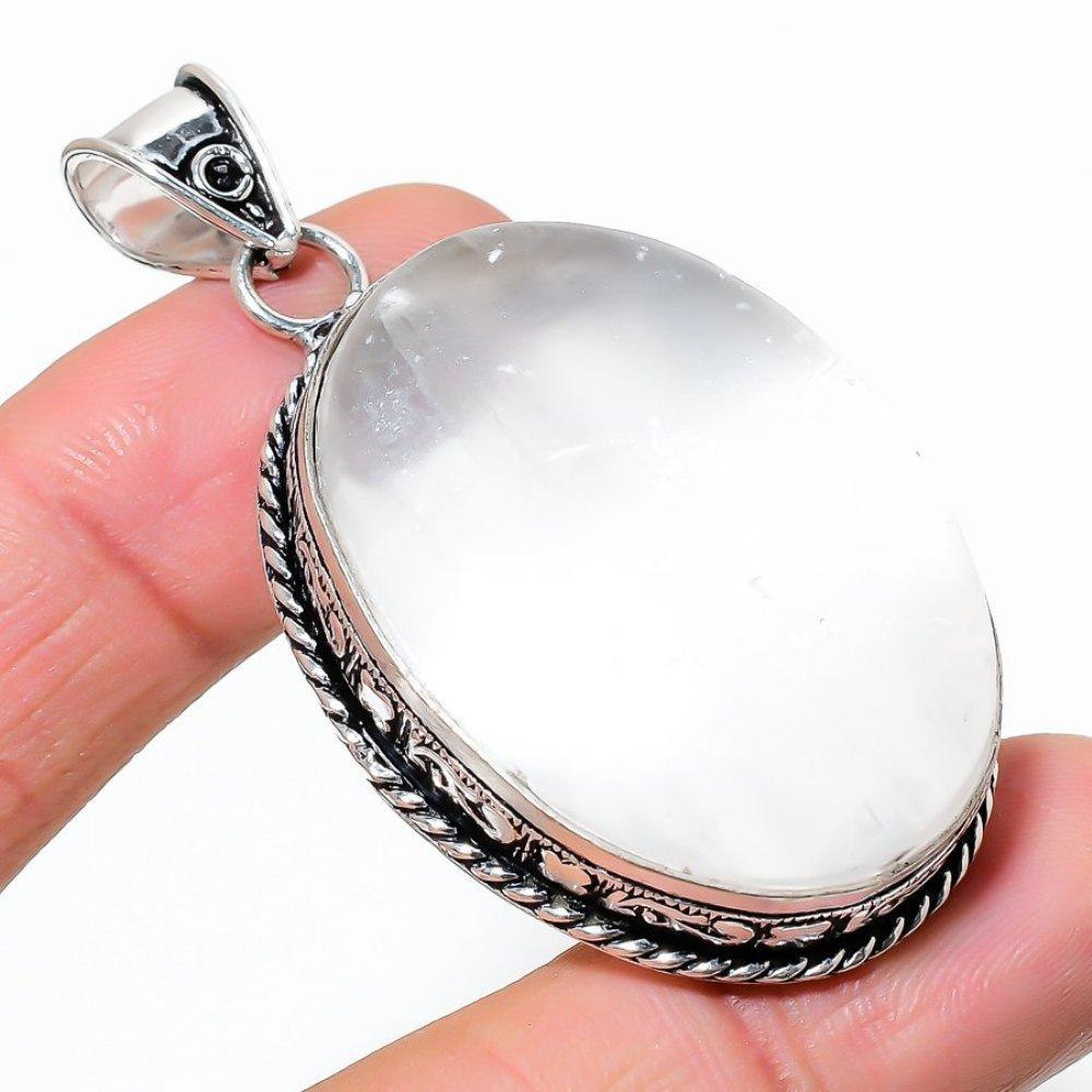 Natural Crystal Quartz Gemstone 925 Sterling Silver Gift Pendant 2.36" J8r31