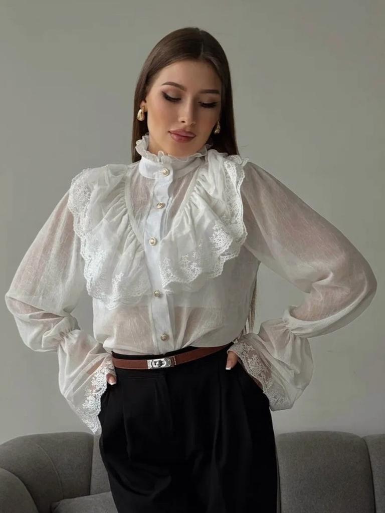 Women's Spring New Palace Style Fairy Collar Shifon Design Breathable Leaf Edge Top