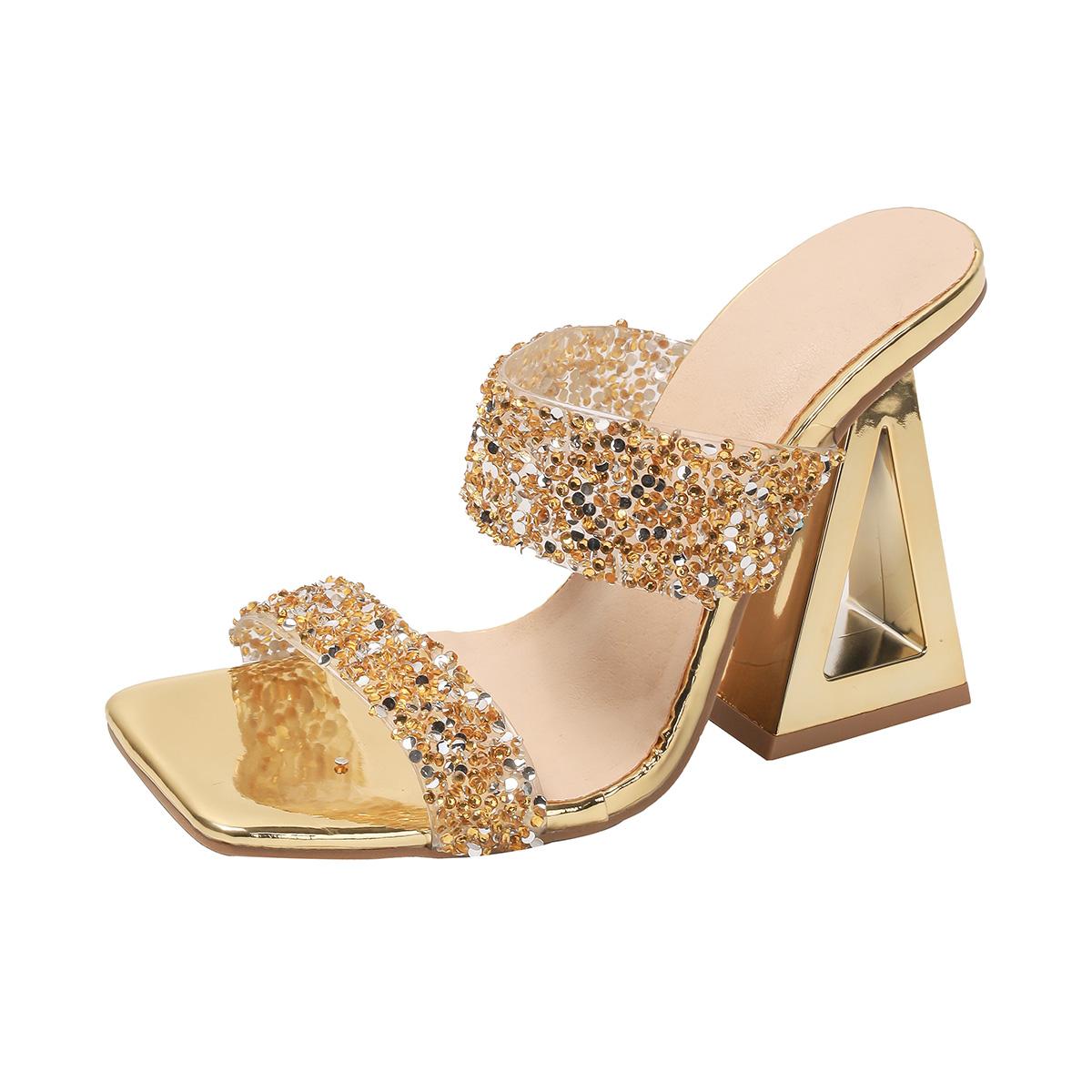 

Модные сандалии и шлепанцы на специальном каблуке больших размеров, женские сандалии с квадратным носком и открытым носком, со стразами, прозрачные, на одном ремешке, нескользящие 43 золотой
