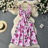 Holiday Style Print Suspender Skirt Women's Summer New Waist and Thin French Chiffon Floral Dress