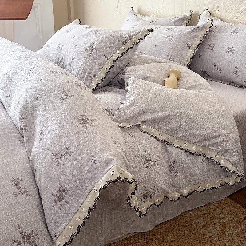 French Retro Jacquard Linen Bedding Set with Cotton Lace Trim - Luxury Princess Style