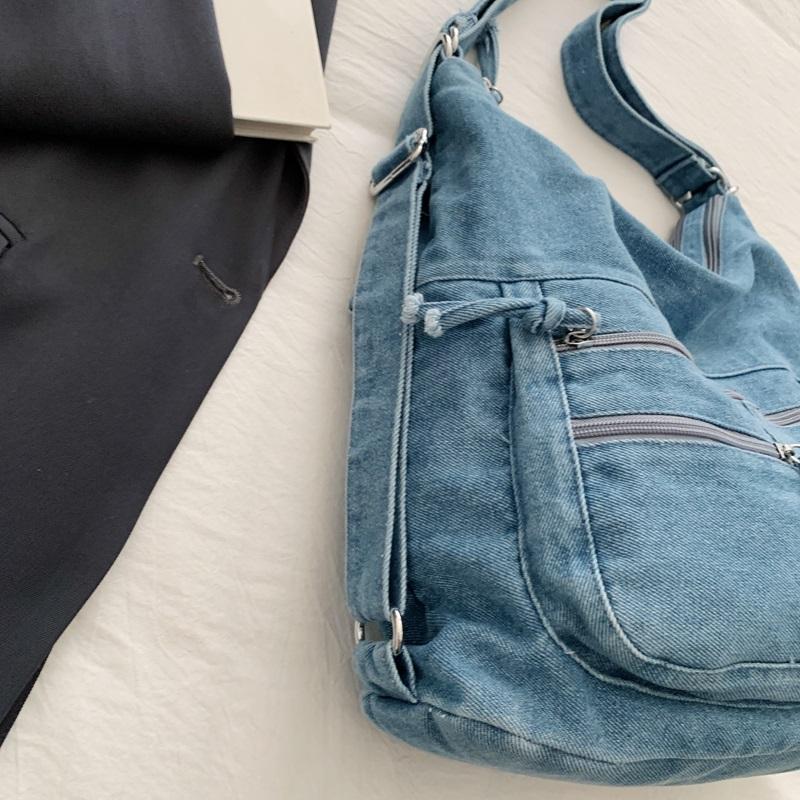 Vintage Denim Tote Bag Multi-Pocket Commuter Shoulder Crossbody Bag