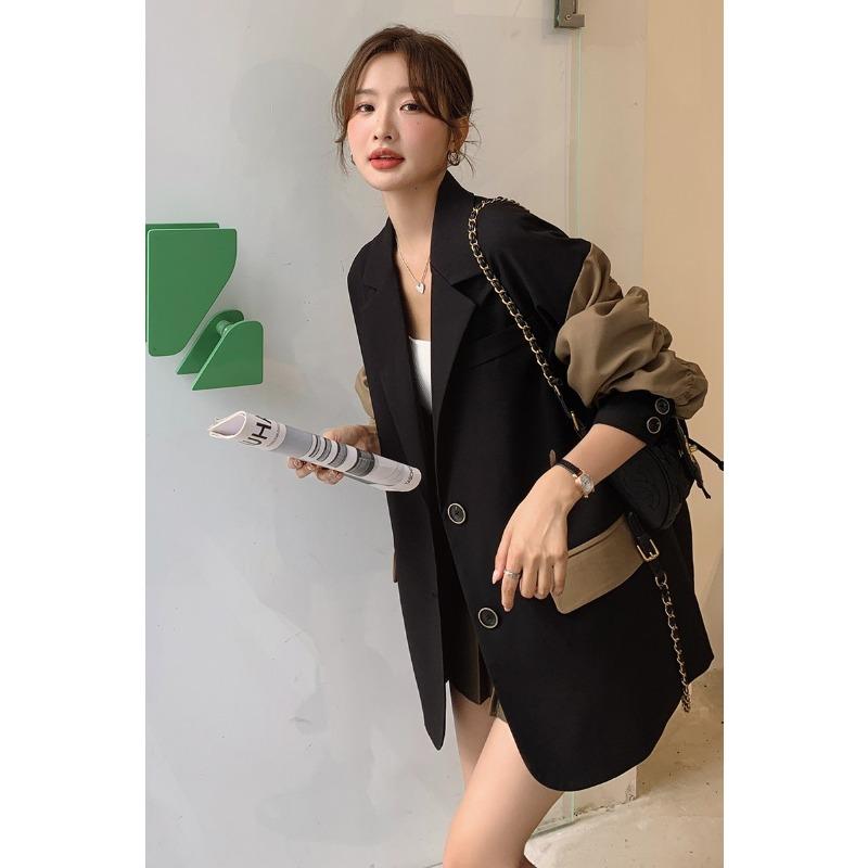 

Женский осенний новый дизайн рукава контрастного цвета костюм женский свободный большой размер повседневная куртка XL