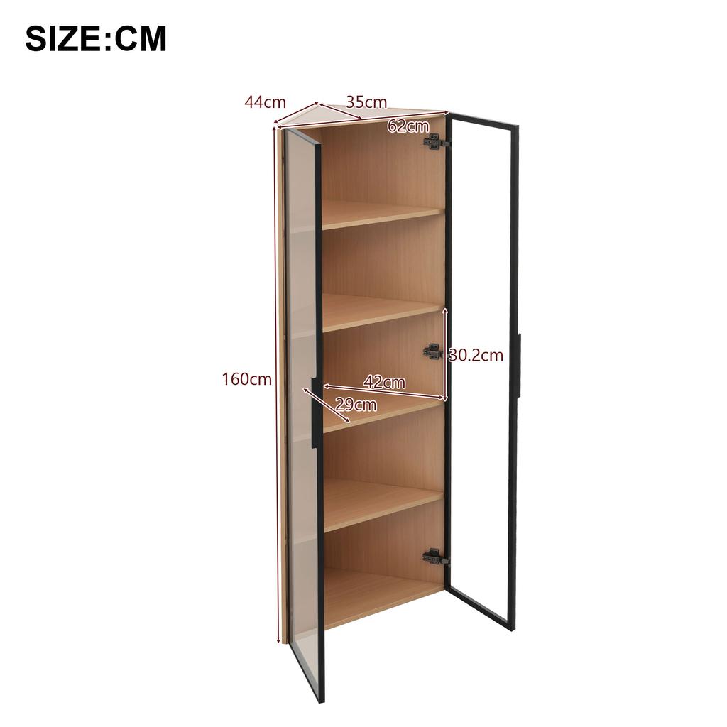 LED glass cabinet 62x35x160cm – oak exterior, light strip, dust-proof, tempered glass, corner cabinet with door – bookshelf, wine cabinet