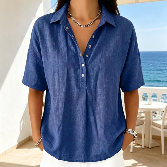 Women Shirt Lapel Buttons Half Placket Short Sleeve Shirt Tops Pure Color Loose Fit Casual Blouse Vacation Date Casual Wear
