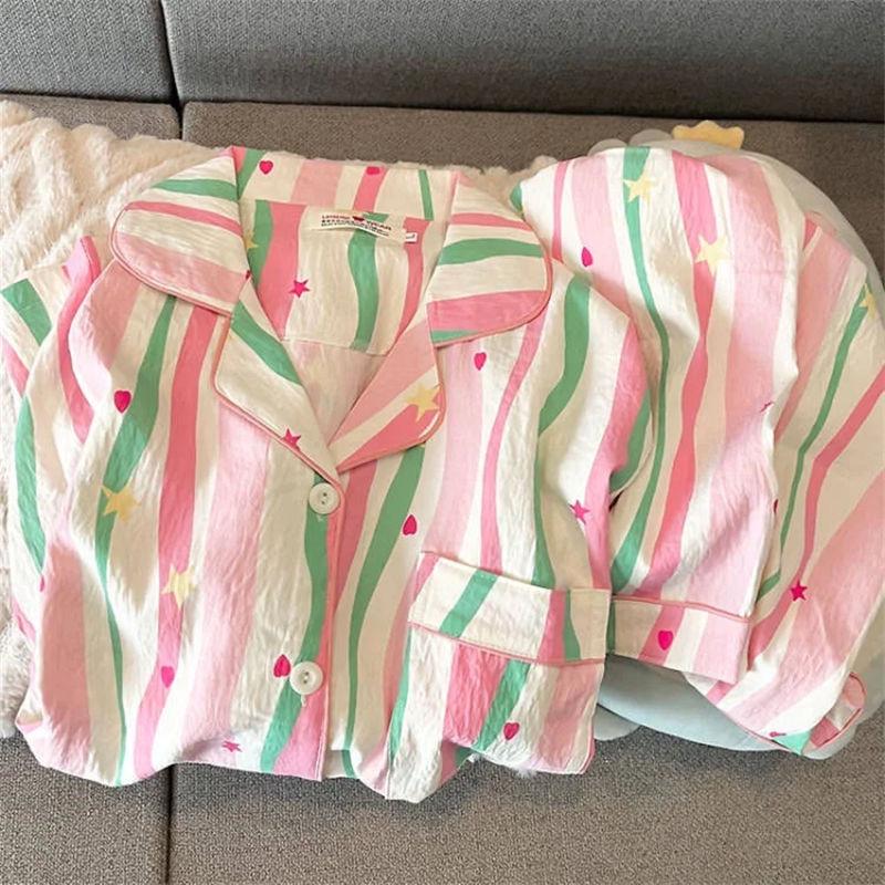 Women's Summer Cloud Cotton Pajama Set: Sweet Cute Cardigan with Short-Sleeved Top and Shorts.