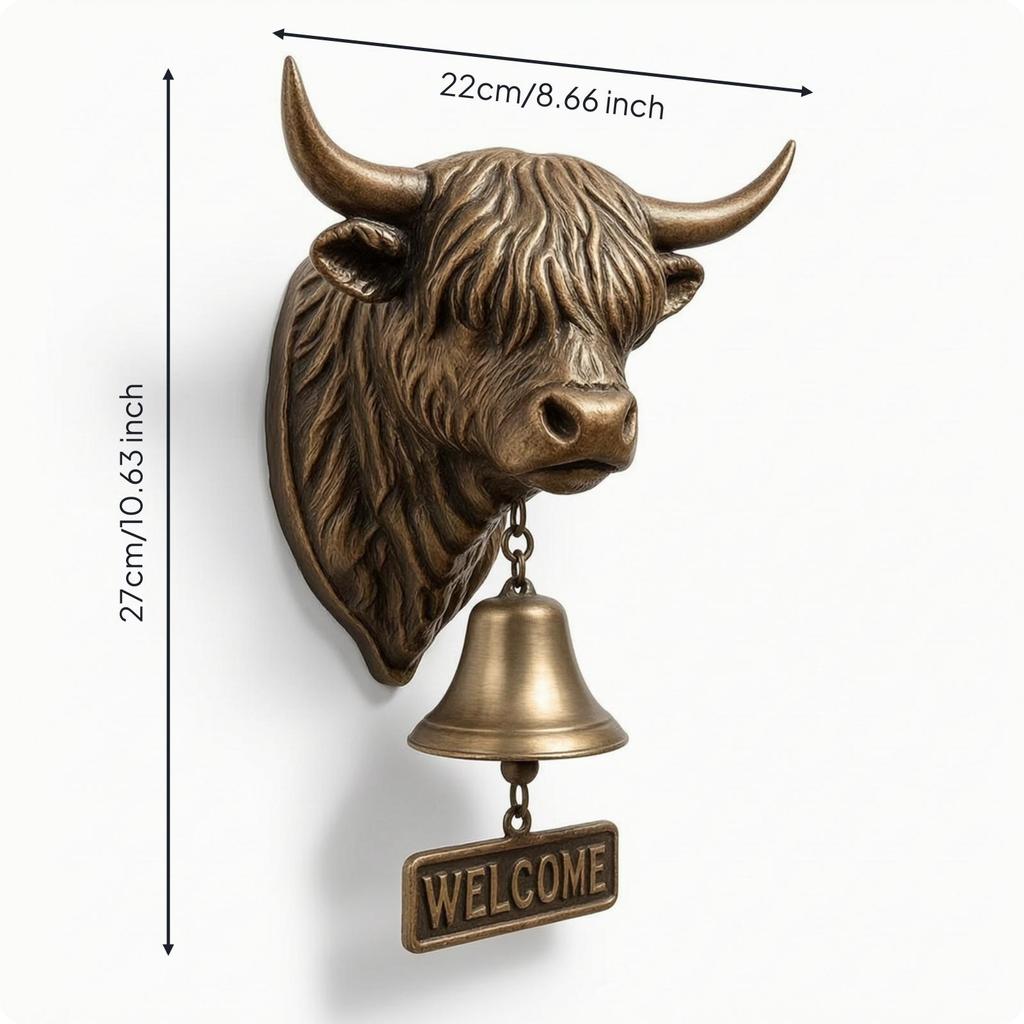 Scottish Cattle Welcome Bell Wall-Hung Decorative with Sign Rustic