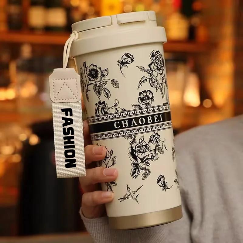 Woman Flower Coffee Mug 500ml Stainless Steel Vacuum Flask Straw and Directly Drinking Insulated Tumbler Thermal Cup Gift