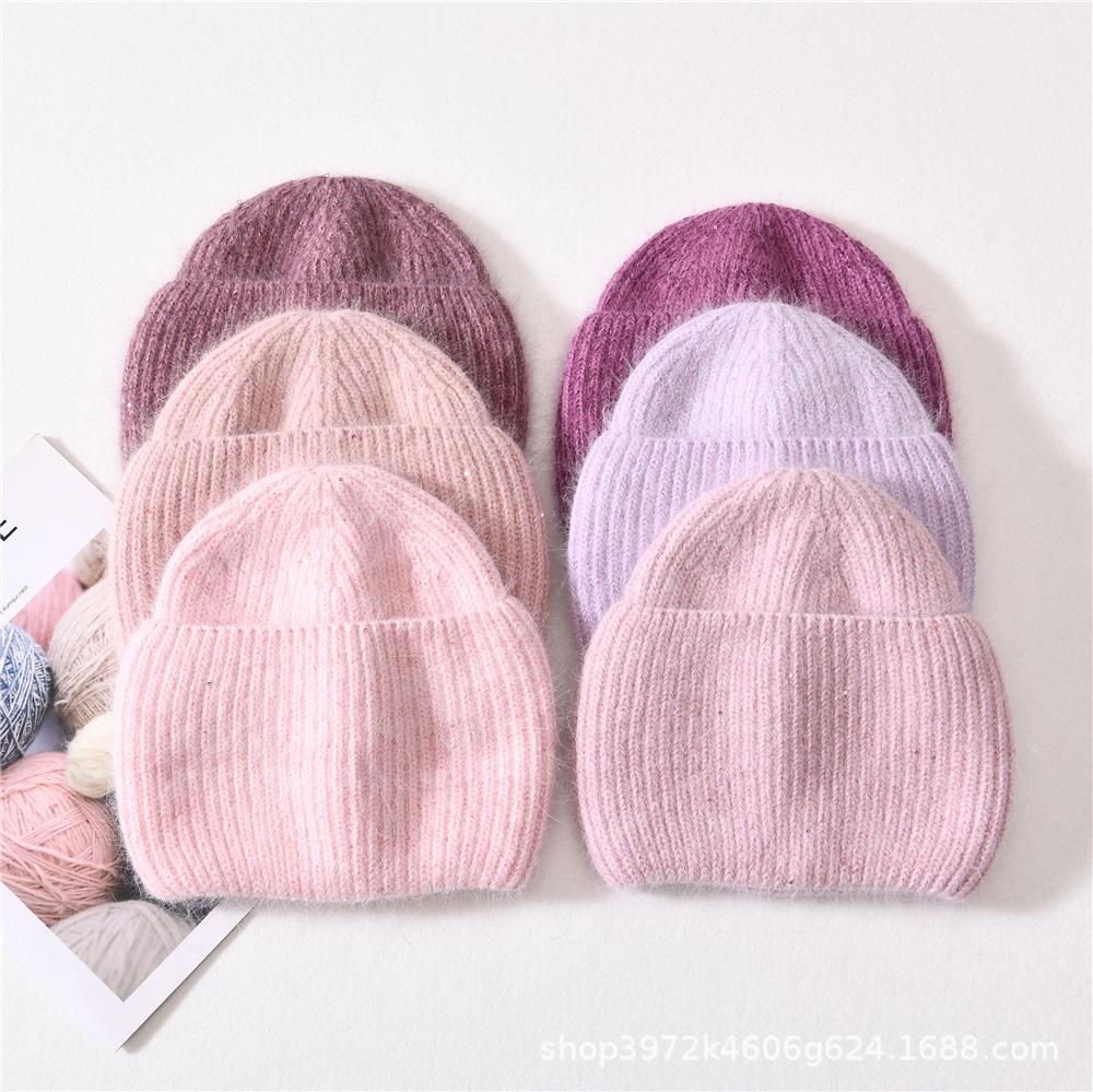 Autumn/Winter New Angora Long Plush Rabbit Fur Knit Hat, Casual Belt with Small Sequins, Warm, Thickened, Couple's Knit Hat