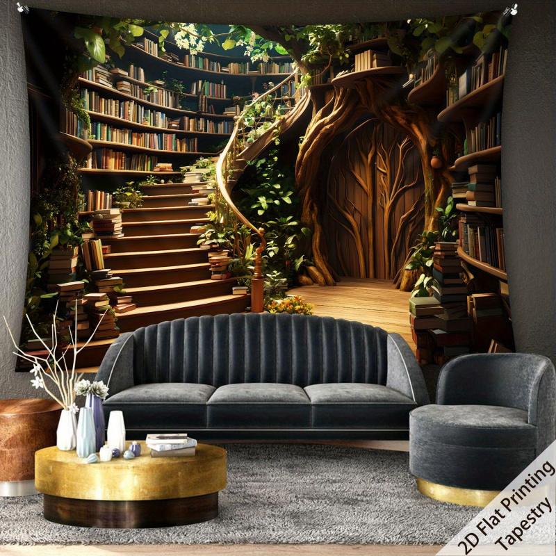VIKAMA Treehouse Staircase Library Tapestry Forest Style Study Decor Backdrop Bedroom Headboard Wall Cloth Dorm Wall Decoration