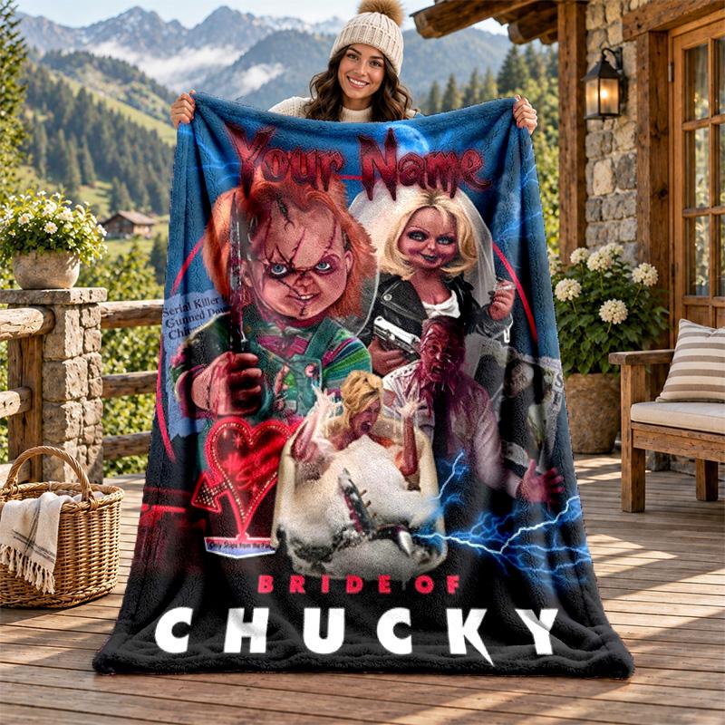 Chucky with Tiffany Custom Name Flannel Blanket Personalized Soft Warm Plush Throw Blanket Customized Gift for Family Friends