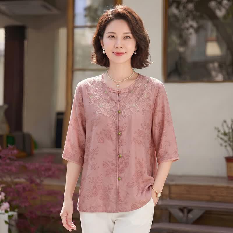 Haoyi Women's Embroidered Frog Button Chinese Style Short Sleeve Shirt