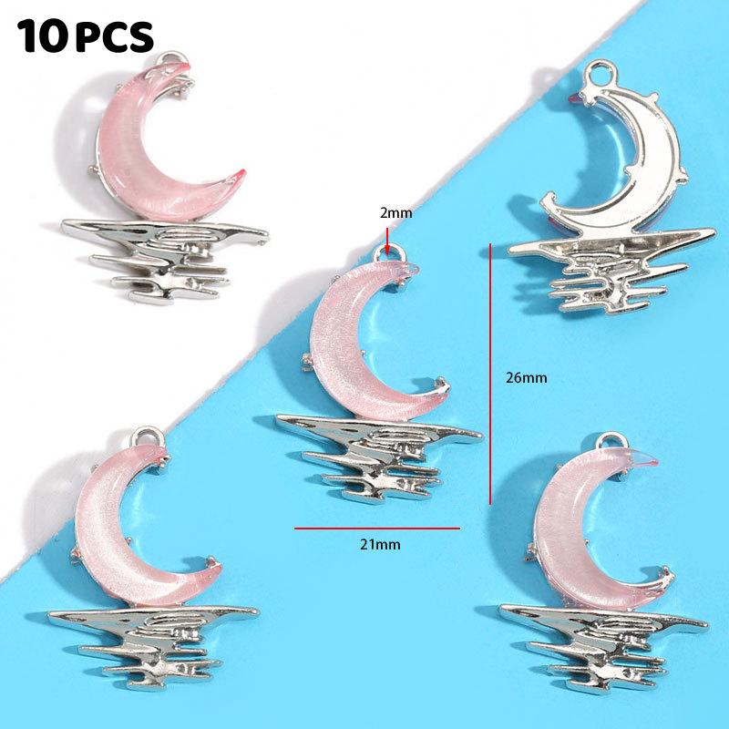 10Pcs Alloy Mixed Style, Inlaid Pink Resin Star And Moon Pendant, Diy Necklace, Bracelet Accessory