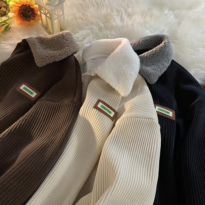 Cord-Polo-Kragen-Pullover Herren Herbst- und Wintermodelle Plus Samt Dicke Lammwolljacke