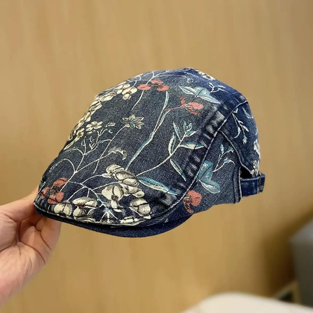 WTEMPO Retro Simple Casual Floral Printed Denim Berets Women All Match Ethnic Style Solid Color Cotton Kepi Hats