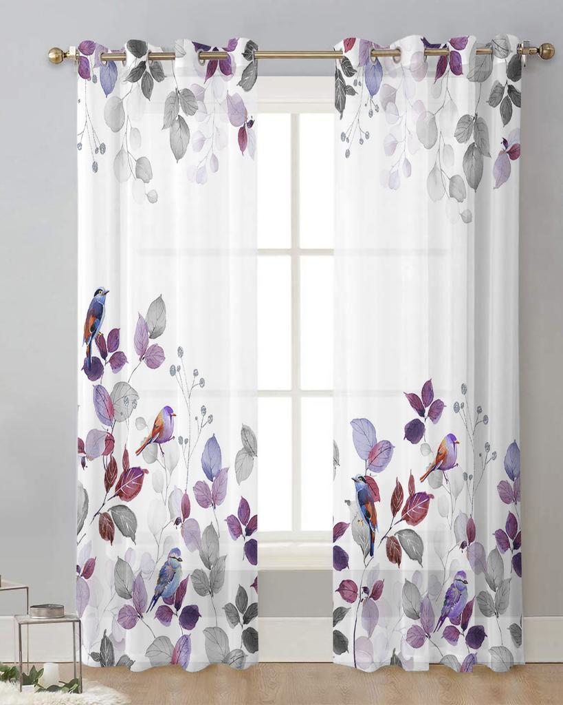 Country Style Leaves Robin Sheer Curtains for Living Room Decoration Window Curtains for Kitchen Tulle Voile Organza Curtains