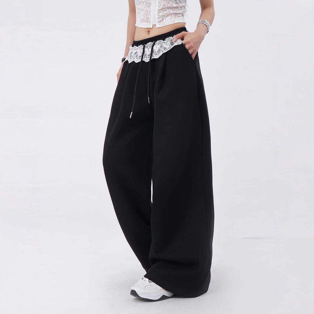 Lace Splicing Jazz Dancing Fart Curtain Pants Niche Loose and Thin Black Sports Casual Wide-leg Pants Black Wide-leg Pants