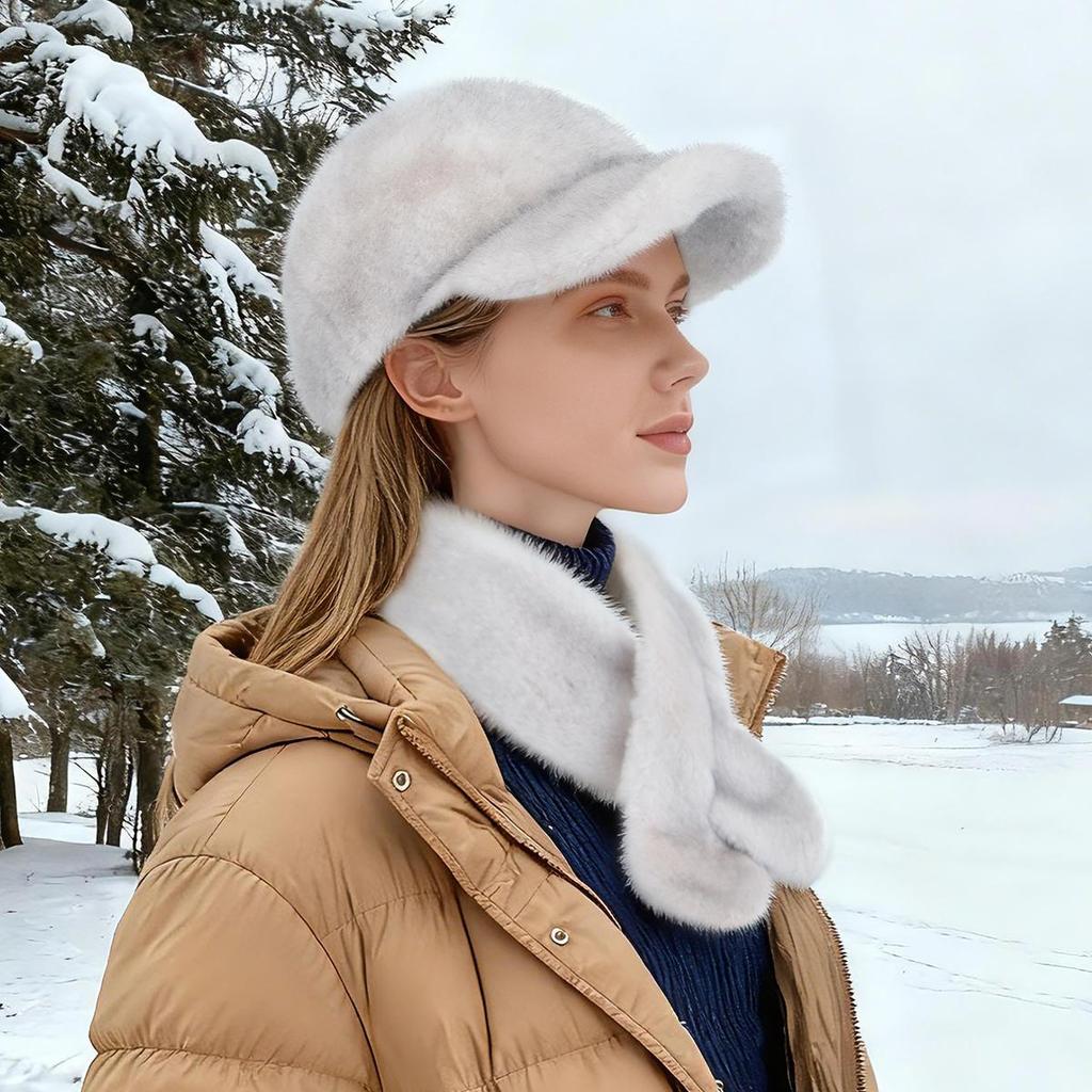 Autumn Winter Women's Faux Mink Fur Baseball Cap, Faux Fur Warm Hat Scarf Set 2Pcs, Outdoor Travel Lady Cap & Scarf Combo