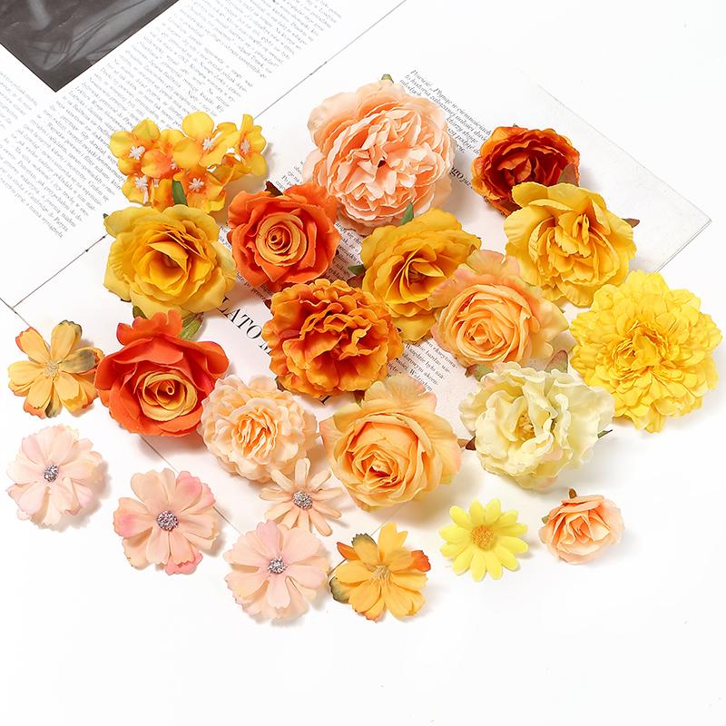 Orange Artificial Flowers Heads Silk Fake Flowers for Home Decor Party Marriage Wedding Decoration DIY Wreath Gifts Accessories