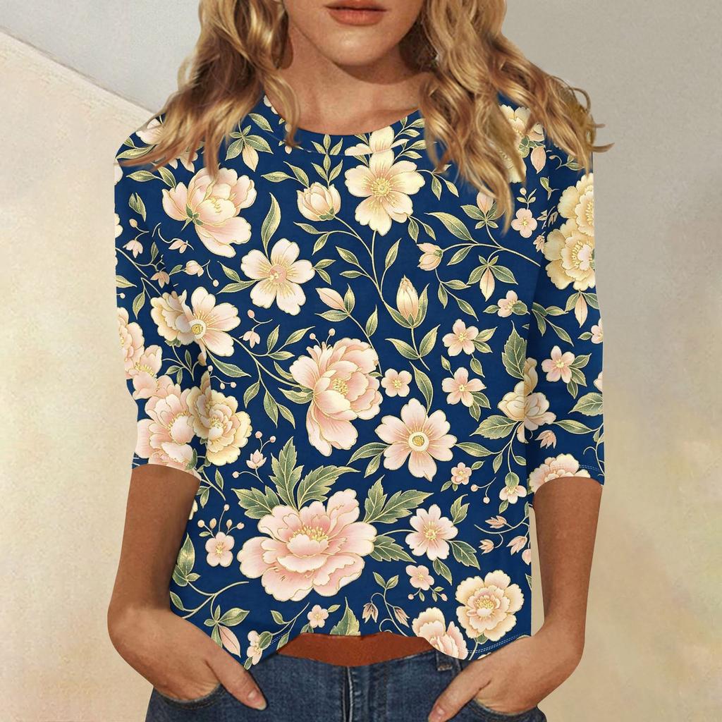 Damen Lässiges Blumenmuster Oberteil Dreiviertelarm Rundhals Bluse Leicht Bequeme Passform Stilvolles Design