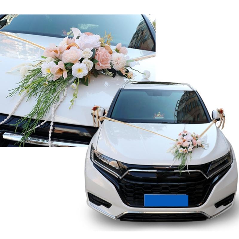 Wedding Car Decoration 7Pieces Set with Realistic Artificial Flower for Car Decors included Rearview Mirror and Doorknob