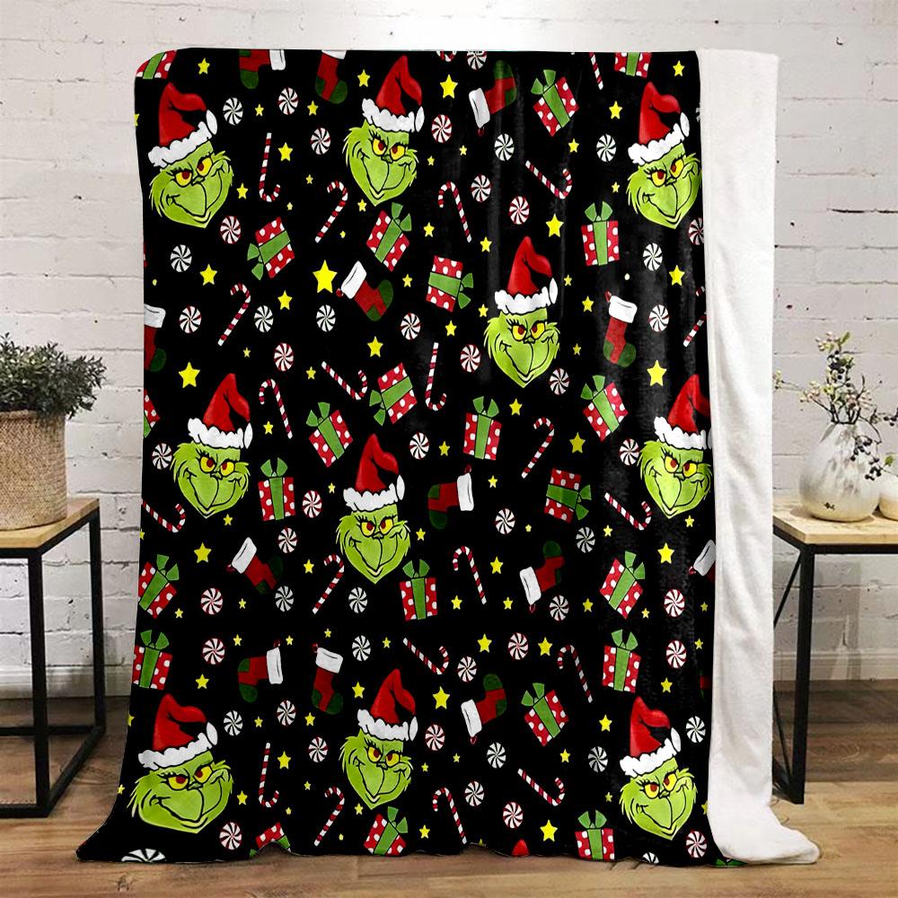 "Grinch Christmas Pattern Blanket" Patterned flannel blanket perfect for the bedroom living room, sofa, or a little nap