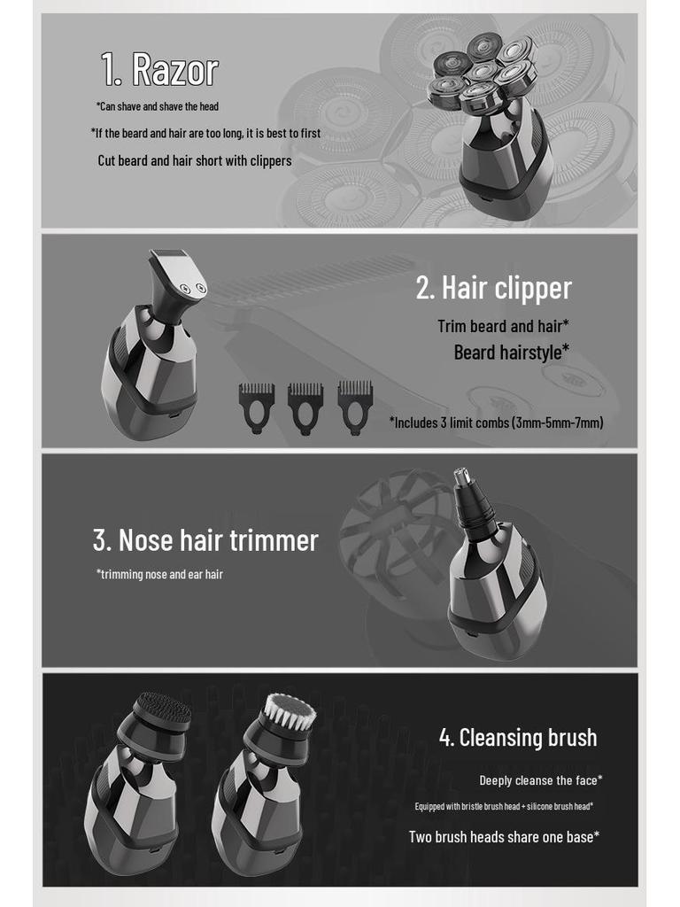 Aparat de ras electric 7D multifuncțional, lavabil, cu șapte capete