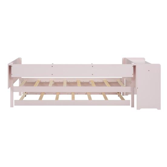 Single Bed 90x200cm Flat Bed Children Sofa with Pull-Out Computer Desk Three Shelves on The Side of Pink