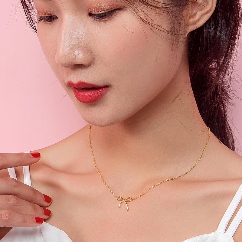 S925 Sterling Silver Bow Necklace Korean Style Fashion Simple All-Matching Girlish Clavicle Chain Jewelry