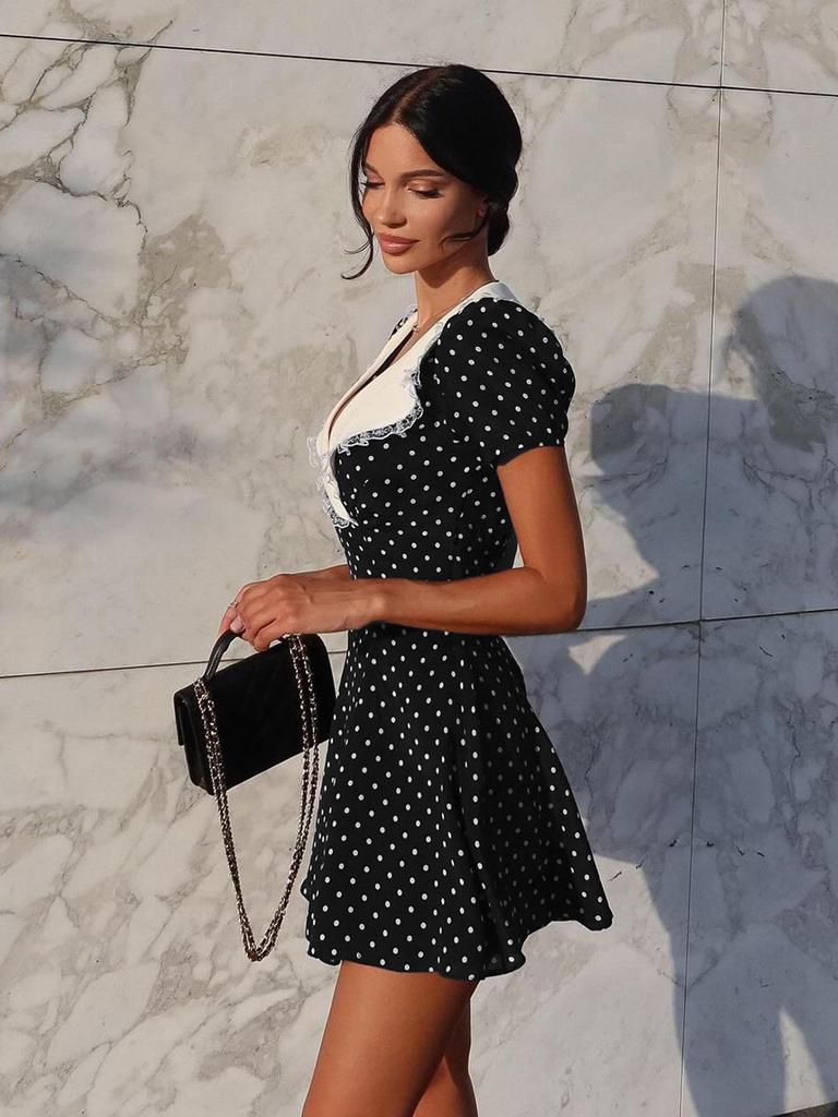 Hepburn Style Polka Dot Lace V-Neck A-Line Dress: Slim, Elegant Short Skirt