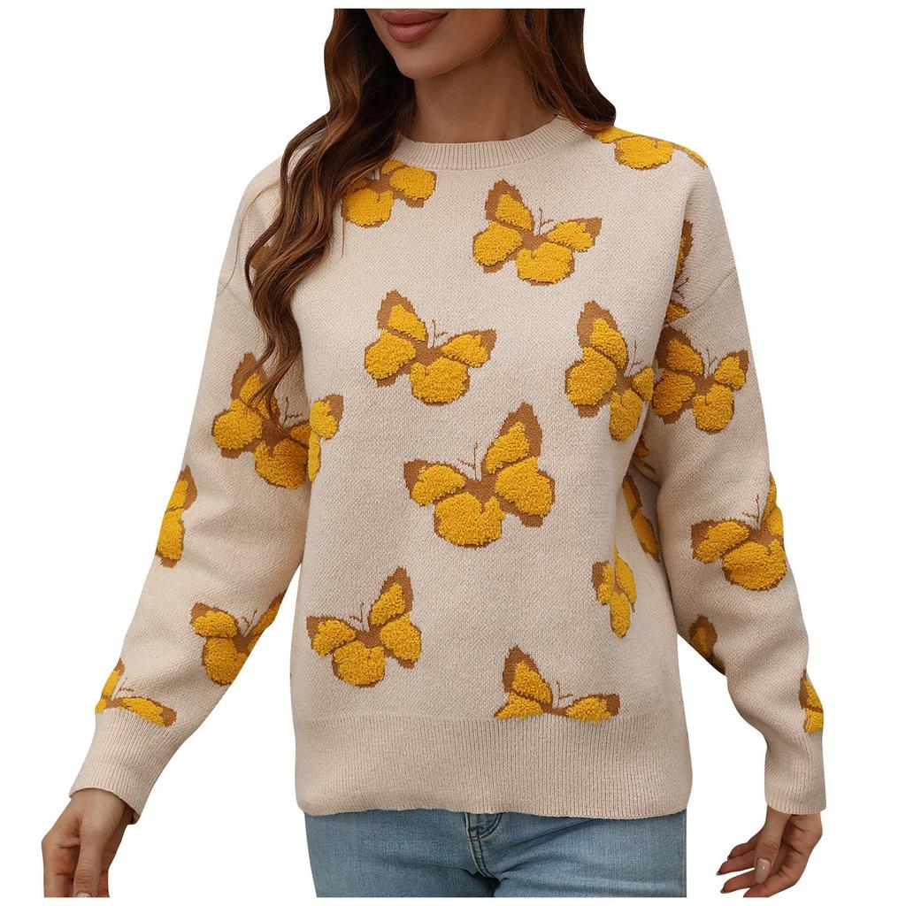 Women's And Winter Butterflies Print Round Neck Long Sleeve Knit Sweater Pullover Sweater