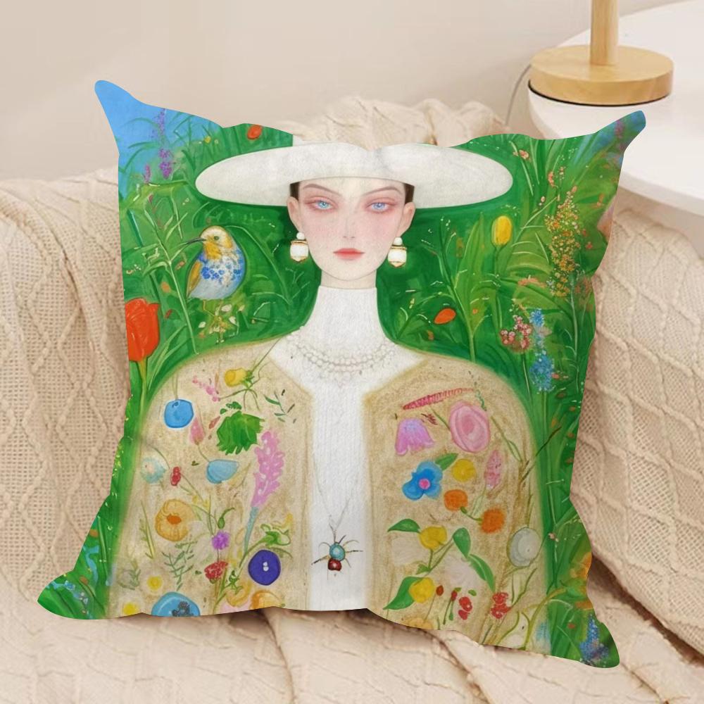 Fashion Illustration Cushion Cover Soft Plush Fabric Double-Sided Printed Sofa Cushion Cover for All Seasons Home Decor Gift
