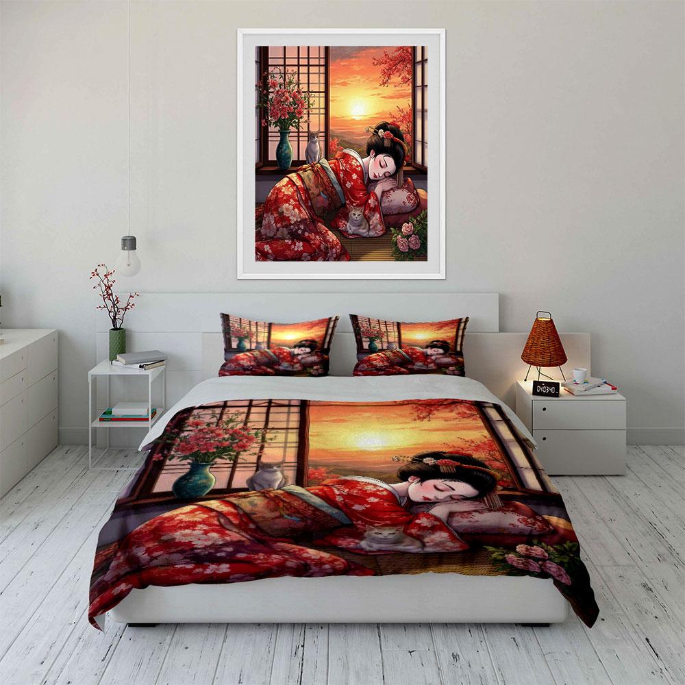 Japanese Ukiyo-e Geisha Two Cats Sunset Window Cherry Blossom Bedding SetVintage Kimono Floral Oriental Print Duvet CoverGift