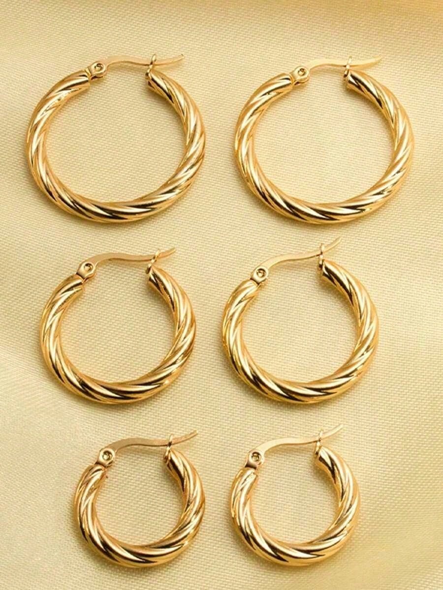 

6pcs Women s Vintage Inspired Exaggerated Round Textured Stainless Steel Hoop Earrings Set, Fashionable & Non-Fading золотой