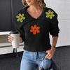 Women’s Cropped Top, Woven Knit, Large Lapel, Embroidered Floral Patchwork Pullover