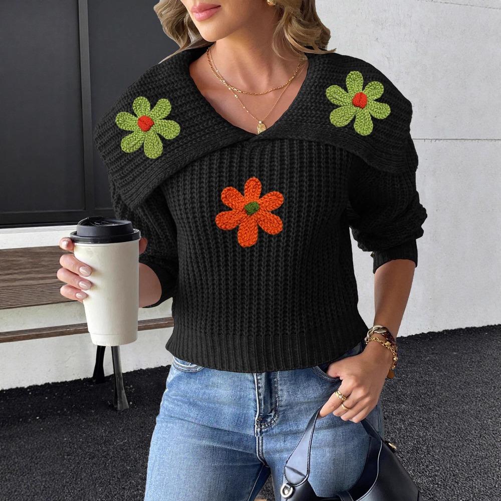 Women’s Cropped Top, Woven Knit, Large Lapel, Embroidered Floral Patchwork Pullover