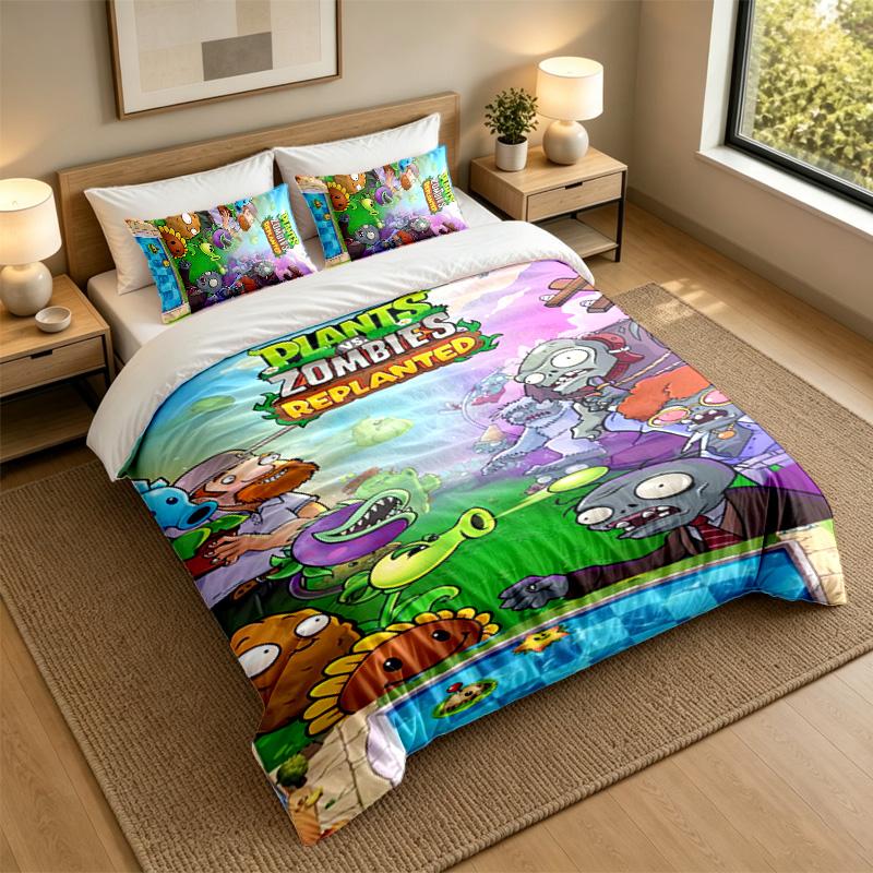 Soft Bedding Set Plants Vs. Zombies Pattern, 1 Duvet Cover Plus 2 Pillowcases Stylish Bedroom Home Textile