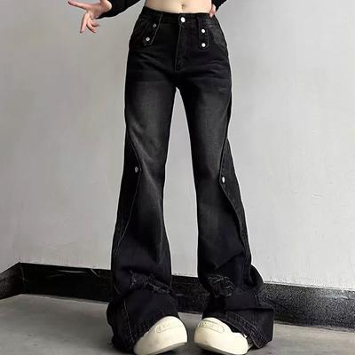 Retro High Street Široké Bootcut Džíny Podzim Zima Černé Opotřebované Dámské Oblečení Džínové Kalhoty Chic Roztrhané Kalhoty na Knoflíky