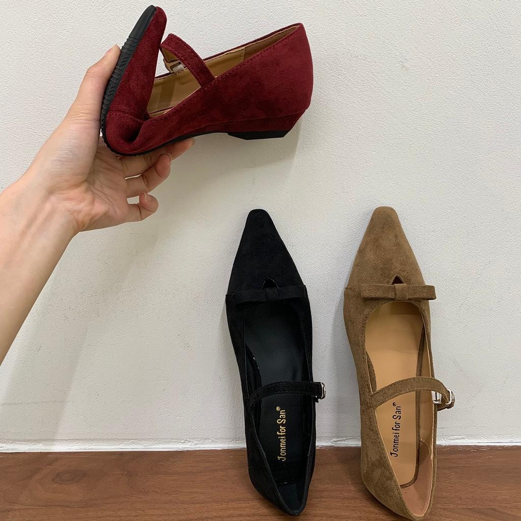 Jonmei for San pointed head light mouth burgundy single shoes women's retro bow 2025 ballet Mary Jane shoes
