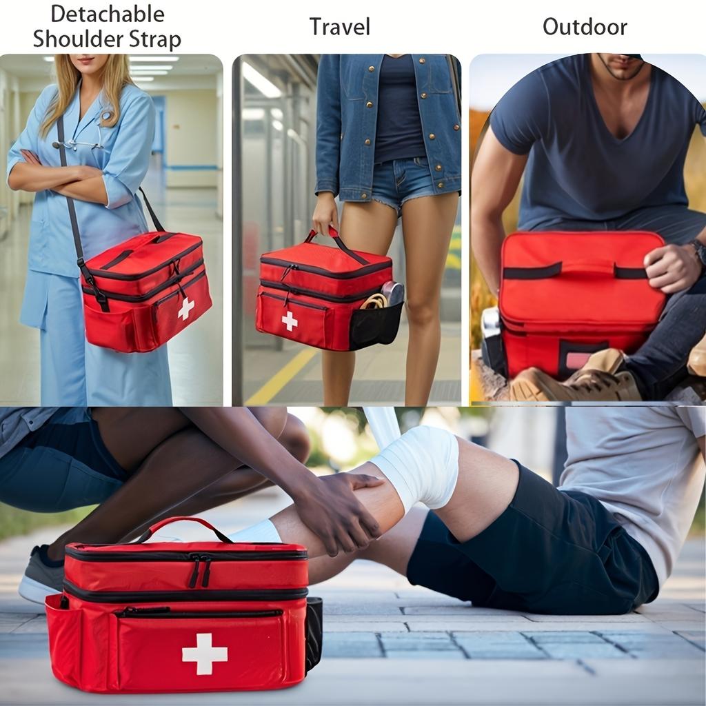Large capacity travel medicine storage bag, portable emergency kit, double-layered design, front pouch, multiple ways to carry.