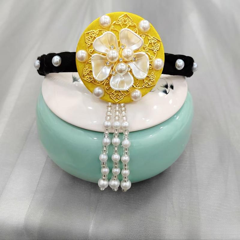 Korean Headband Pearl Flower Hanbok Hairband Fashion Tassels Traditional Headdress Stage Dance Hair Hoop Ladies