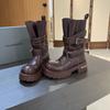 Niche design thick-soled medium-tube locomotive boots heightening Martin boots women's non-slip double buckle single boots