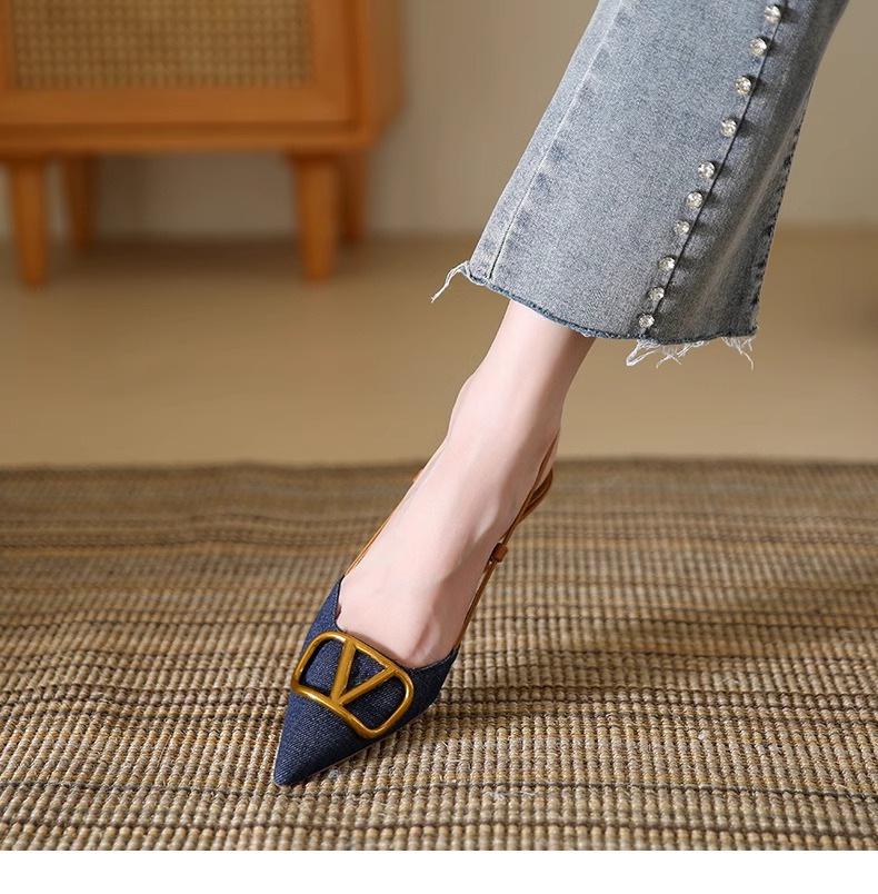 Korean Style Elegant Pointed Toe Stiletto Heel Denim Sandals for Spring and Autumn
