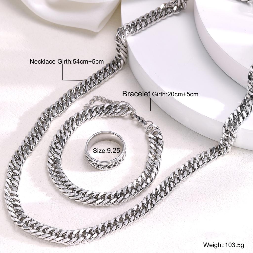 Trendy Stainless Steel Cuban Chain Bracelet Necklace Ring Set For Men Women Minimalist Silver Color Hip Hop Party Jewelry Sets