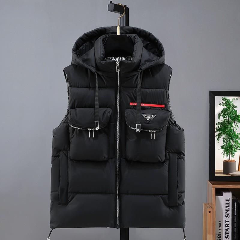Mens Casual Hooded Vest Solid Color Multi-Pocket Slim Fit Winter Outerwear Young Adults